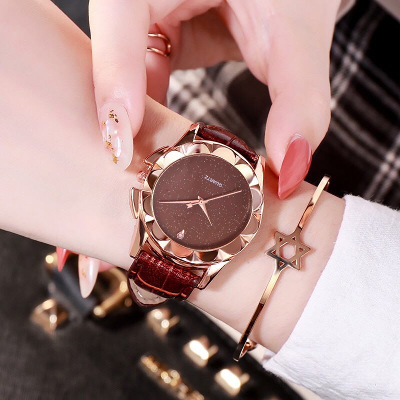 [Mã FAMARAL2 giảm 10K đơn 50K]ĐỒNG HỒ NỮ DÂY DA HAZO 18 MẶT ĐÁ BÔNG HOA KIM CƯƠNG MẶT KIM TUYẾN | BigBuy360 - bigbuy360.vn