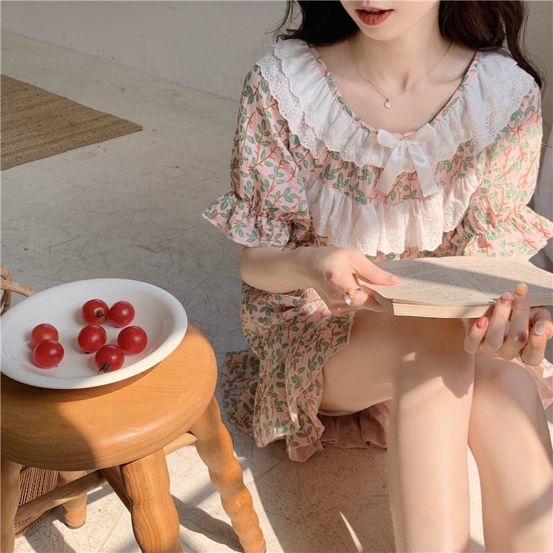 Đồ Ngủ Style Hàn Quốc- Đồ Bộ Nữ Mặc Nhà Tiểu Thư Hoạ Tiết Cổ Tròn Phối Ren Ulzzang