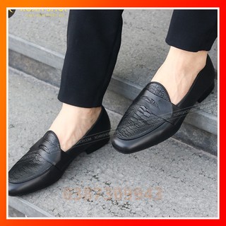 Giày Lười Da Nam - Da Bò 100%, Đế Phíp Gỗ  - Mã X016 Màu Đen Dập Vân Cá Xấu