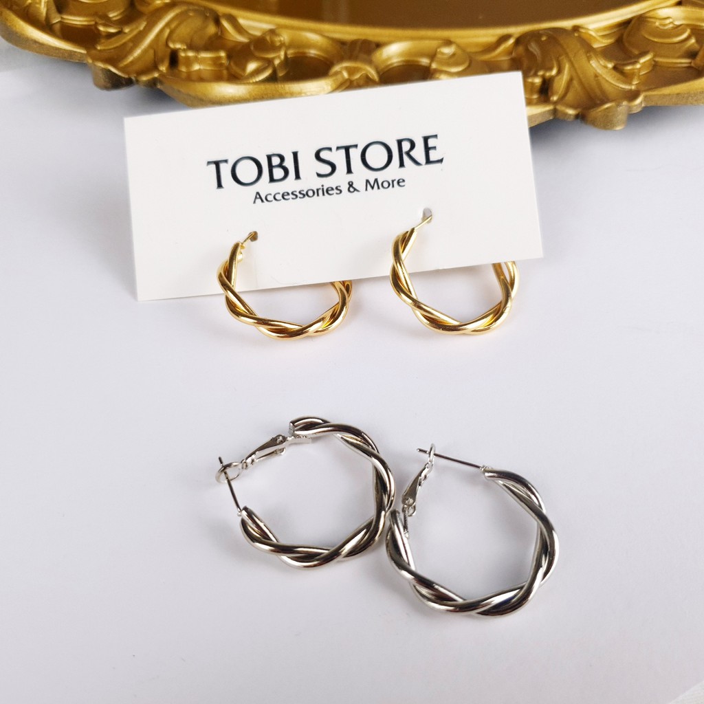 Khuyên tai nữ Bông tai tròn to uốn bện cá tính 02 màu Bạc/Vàng NO SKU 73 TOBI STORE