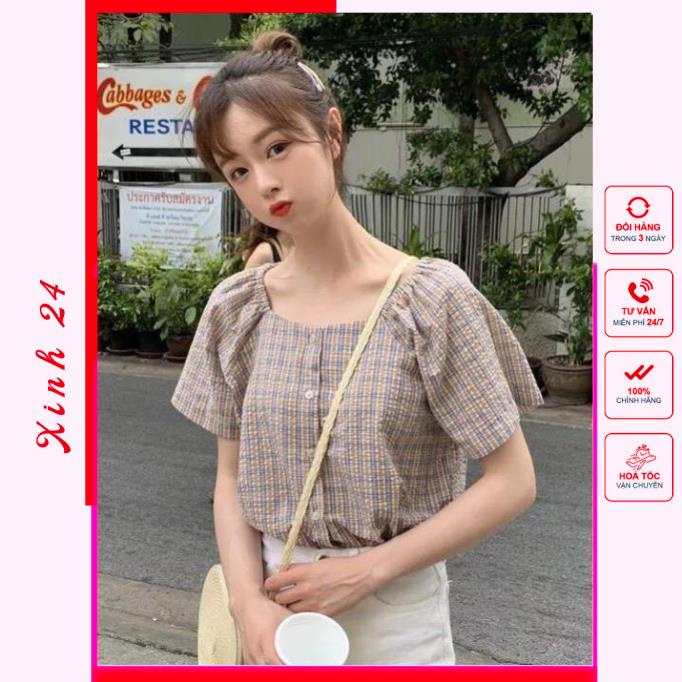 Áo Kiểu Nữ Cổ Vuông Sọc Caro trẻ trung xinh xắn, phong cách Hàn Quốc | BigBuy360 - bigbuy360.vn