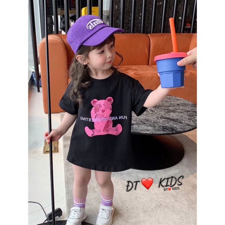 Váy thun bé gái, Áo váy gấu hồng xanh chất cotton tàu cho bé