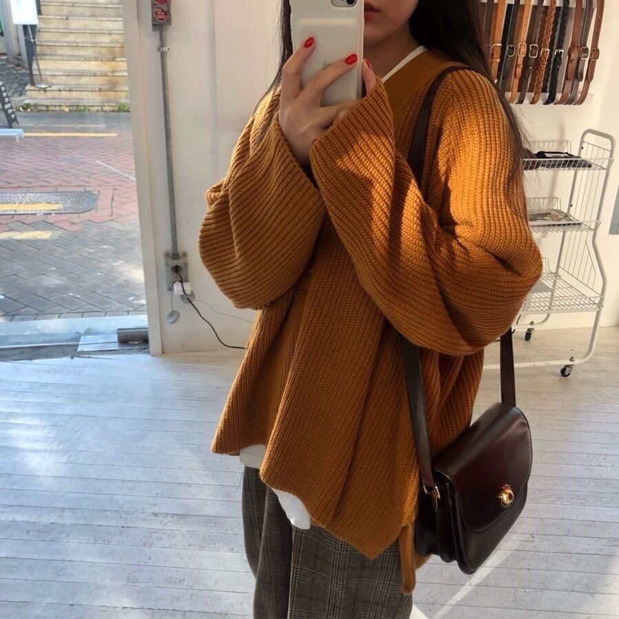 Áo sweater tay dài cổ chữ V dáng rộng phong cách Hàn Quốc thời trang mùa thu cho nữ