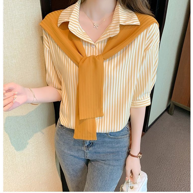 Áo Sơ Mi Chiffon Tay Ngắn Kẻ Sọc Giả Khăn Choàng Thời Trang Mùa Hè Cho Nữ