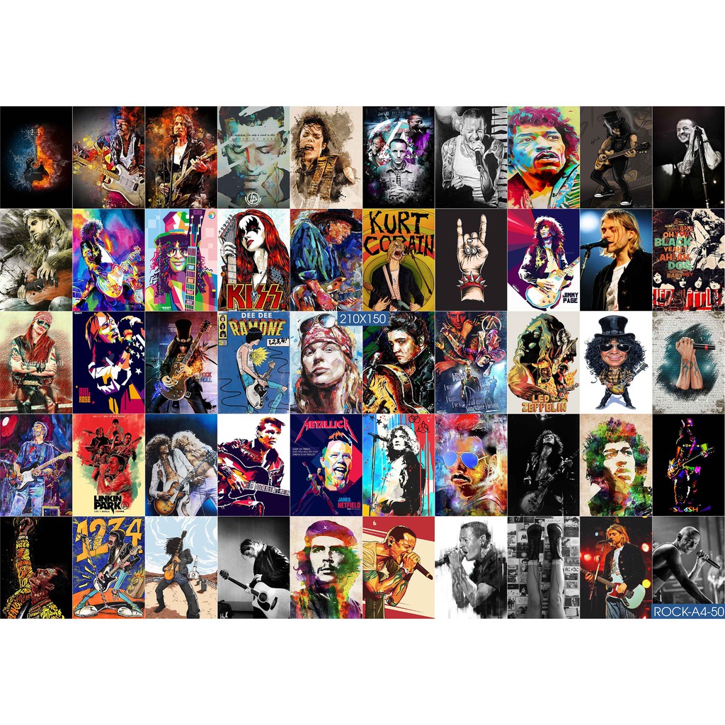 Combo Set 50 tờ Decal dán tường nhạc Rock Khổ A3,A4,A5