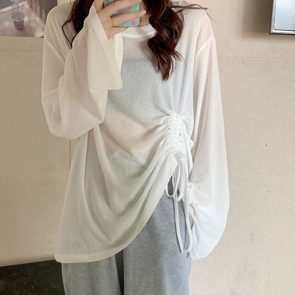 Áo dệt kim dài tay thiết kế dáng rộng phối dây rút thời trang mùa hè cho nữ