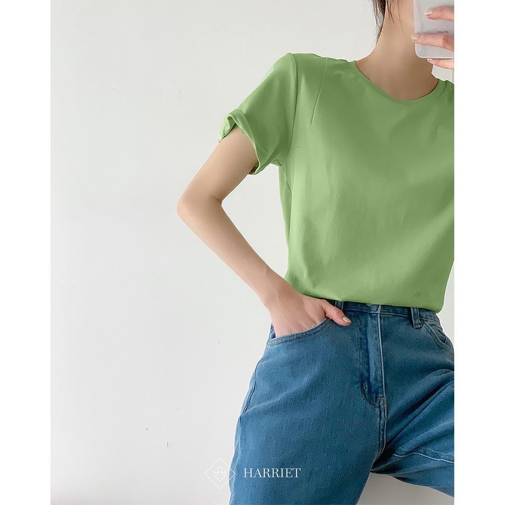 Áo phông nữ cổ tròn màu xanh chất liệu cotton mềm mại thấm hút mồ hôi Harriet