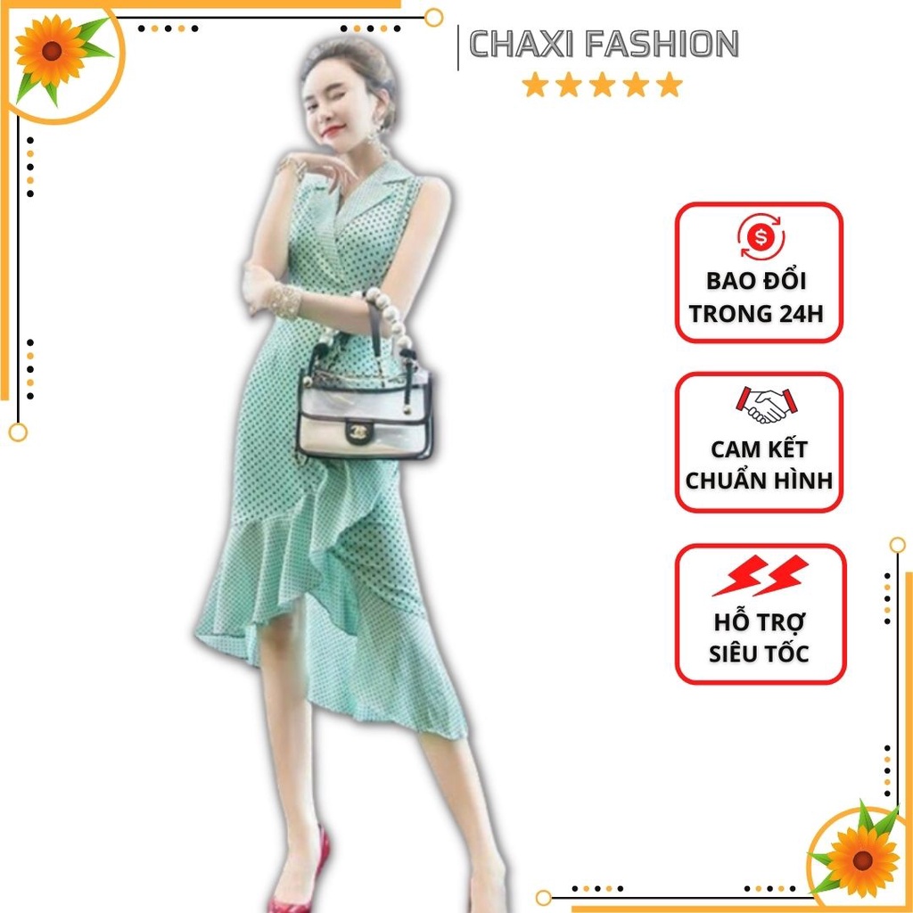 HÀNG NHẬP - ĐẦM BODY LỤA XANH CHẤM BI CỔ VEST PHỐI BÈO SANG CHẢNH - LS18300