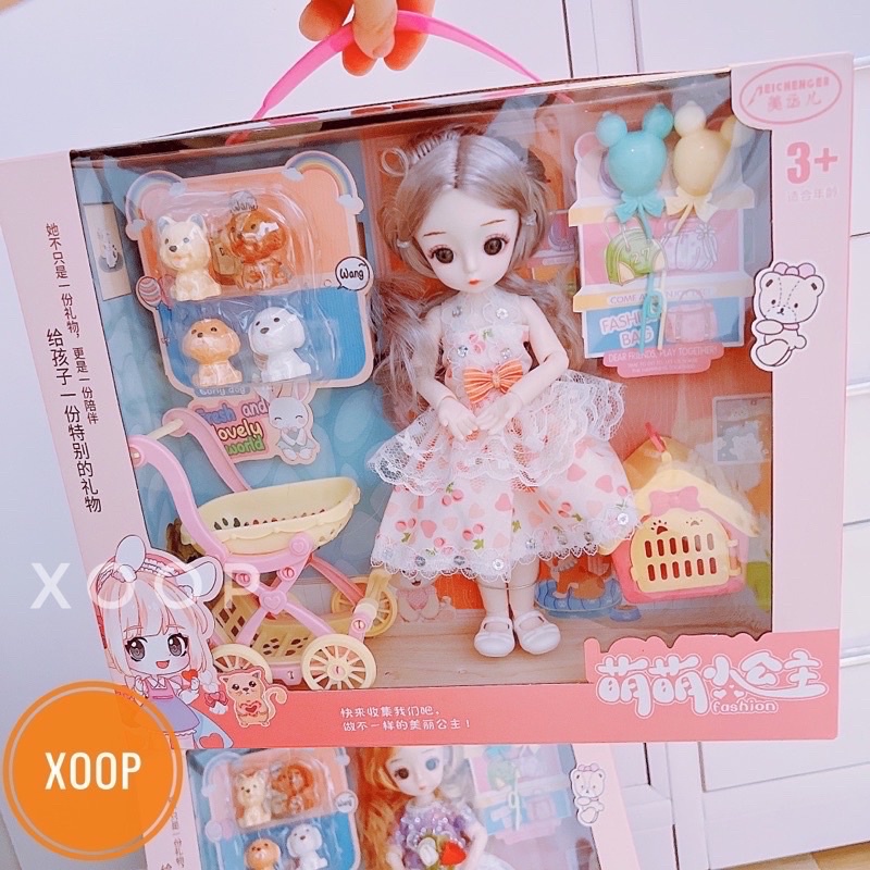 Đồ chơi ! Búp bê hồng kèm xe đẩy ,cún và bóng bay cho bé gái