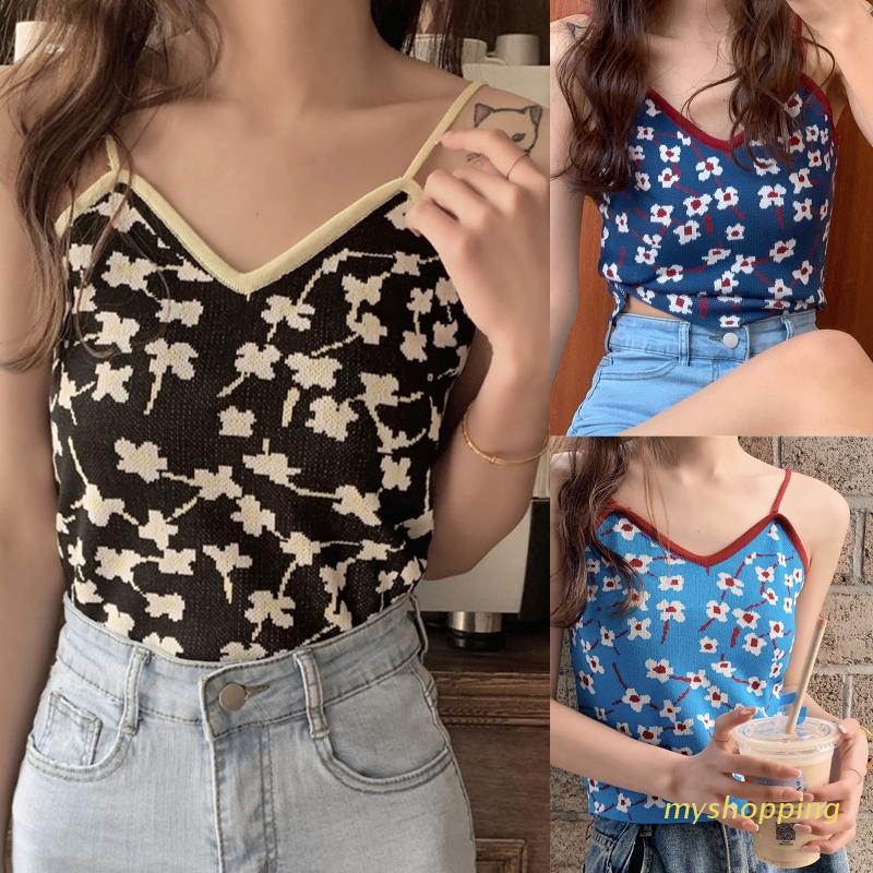 Áo Croptop Dệt Kim Hai Dây Cổ Chữ V In Họa Tiết Hoa Nhiều Màu Sắc Phong Cách Vintage Quyến Rũ Thời Trang Cho Nữ