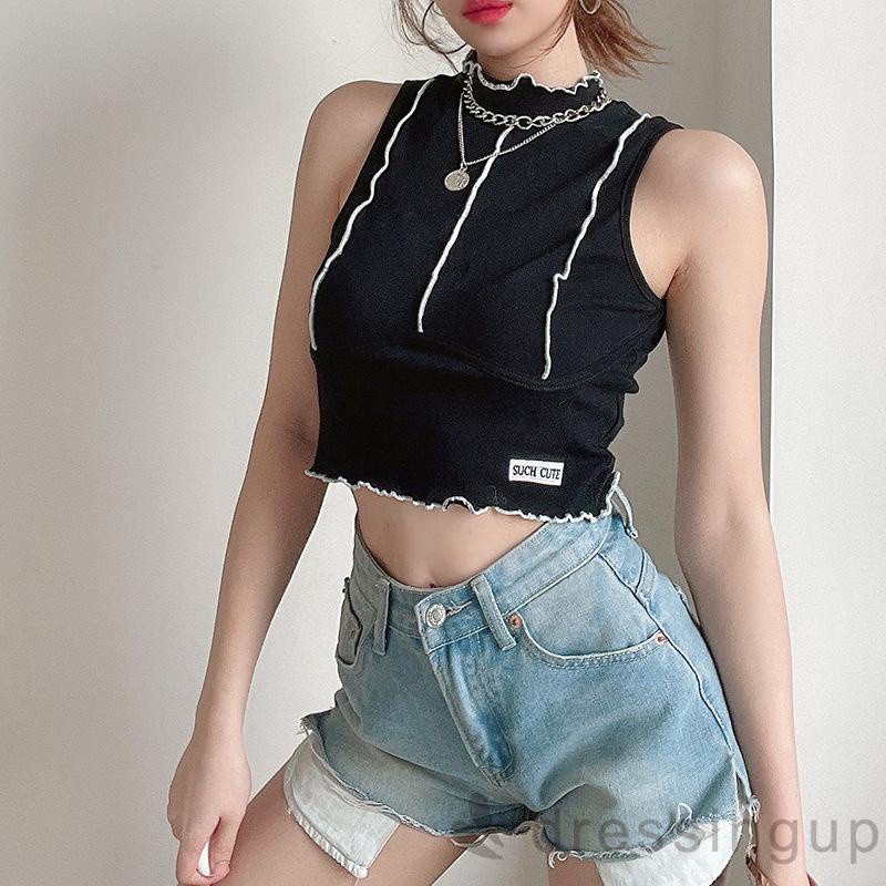 Áo Croptop Không Tay Thêu Chữ Phối Màu Tương Phản Dành Cho Nữ | BigBuy360 - bigbuy360.vn
