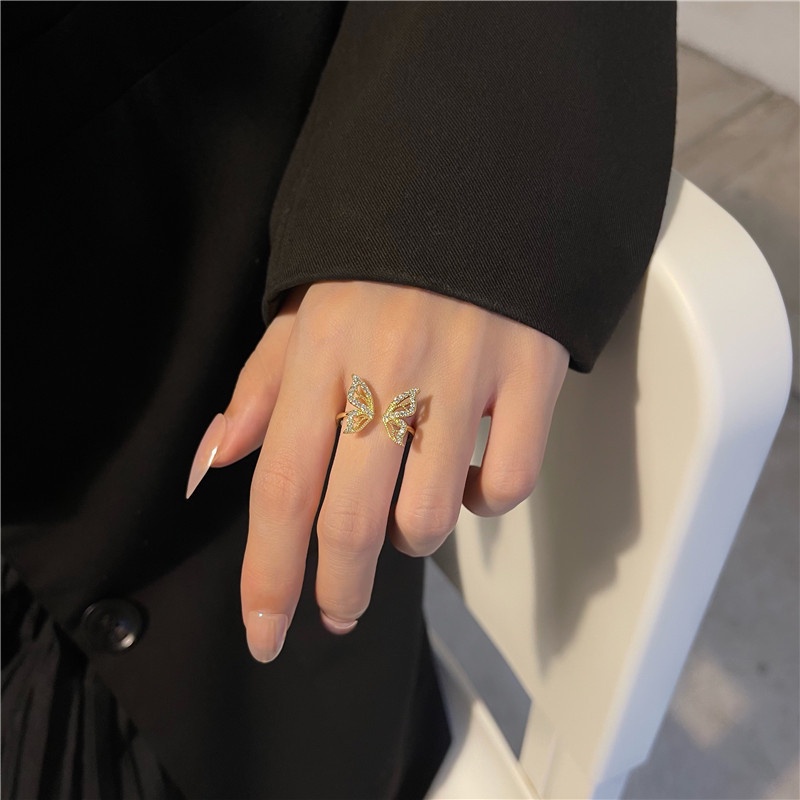 Nhẫn Hở Mạ Vàng Mặt Hình Bướm Đính Đá Zircon Phong Cách Hàn Quốc