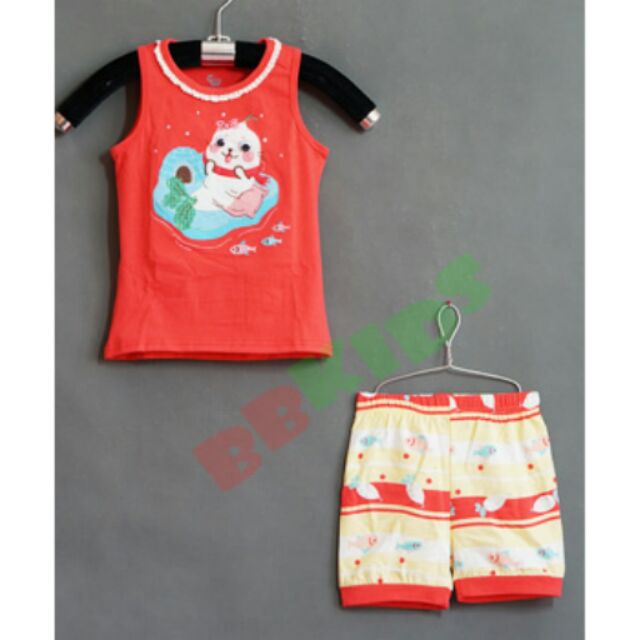 Bộ thun bé gái mùa hè thêu hêu Mèo câu cá