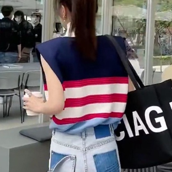 Áo kiểu ZHELIHANGFEI dệt kim sát nách cổ polo dáng rộng kẻ sọc cá tính thời trang