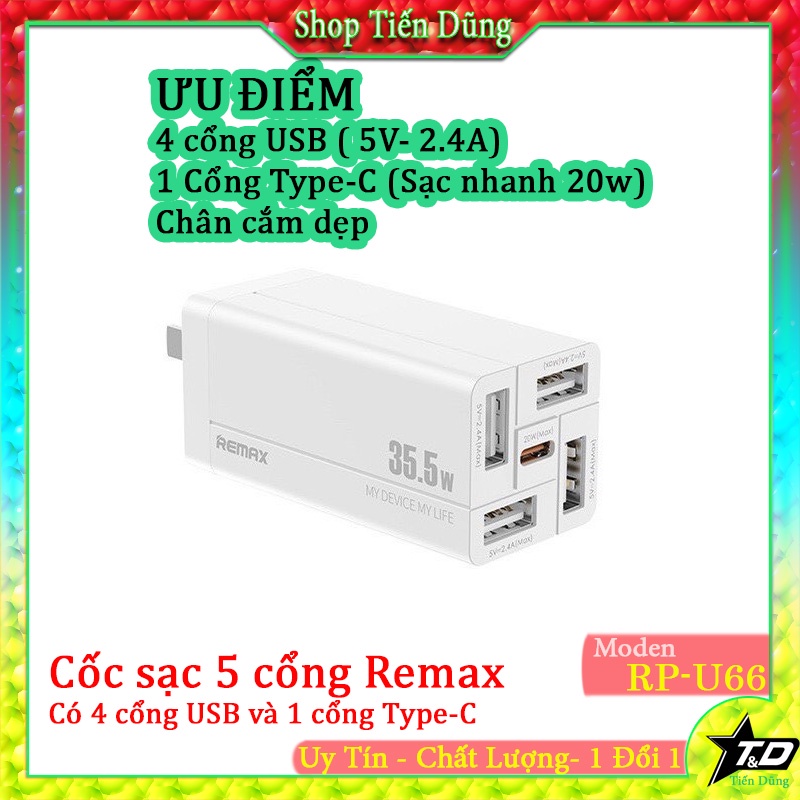 Củ Sạc Nhanh Điện Thoại 35w Chính Hãng Remax RP U66 Thiết Kế 5 Cổng 4 Cổng USB Và 1 Cổng Type-C Chuẩn PD 20w