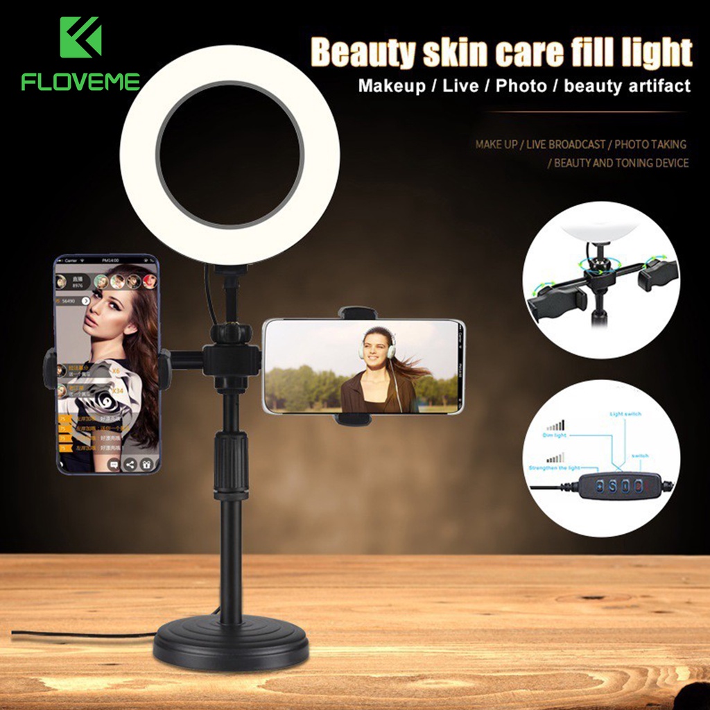 Đèn livestream Floveme 3in1 để bàn Đỡ Được 2 - 3 Điện Thoại Hỗ Trợ Chụp Ảnh Make Up, Quay Tiktok Có Đèn Led 3 màu