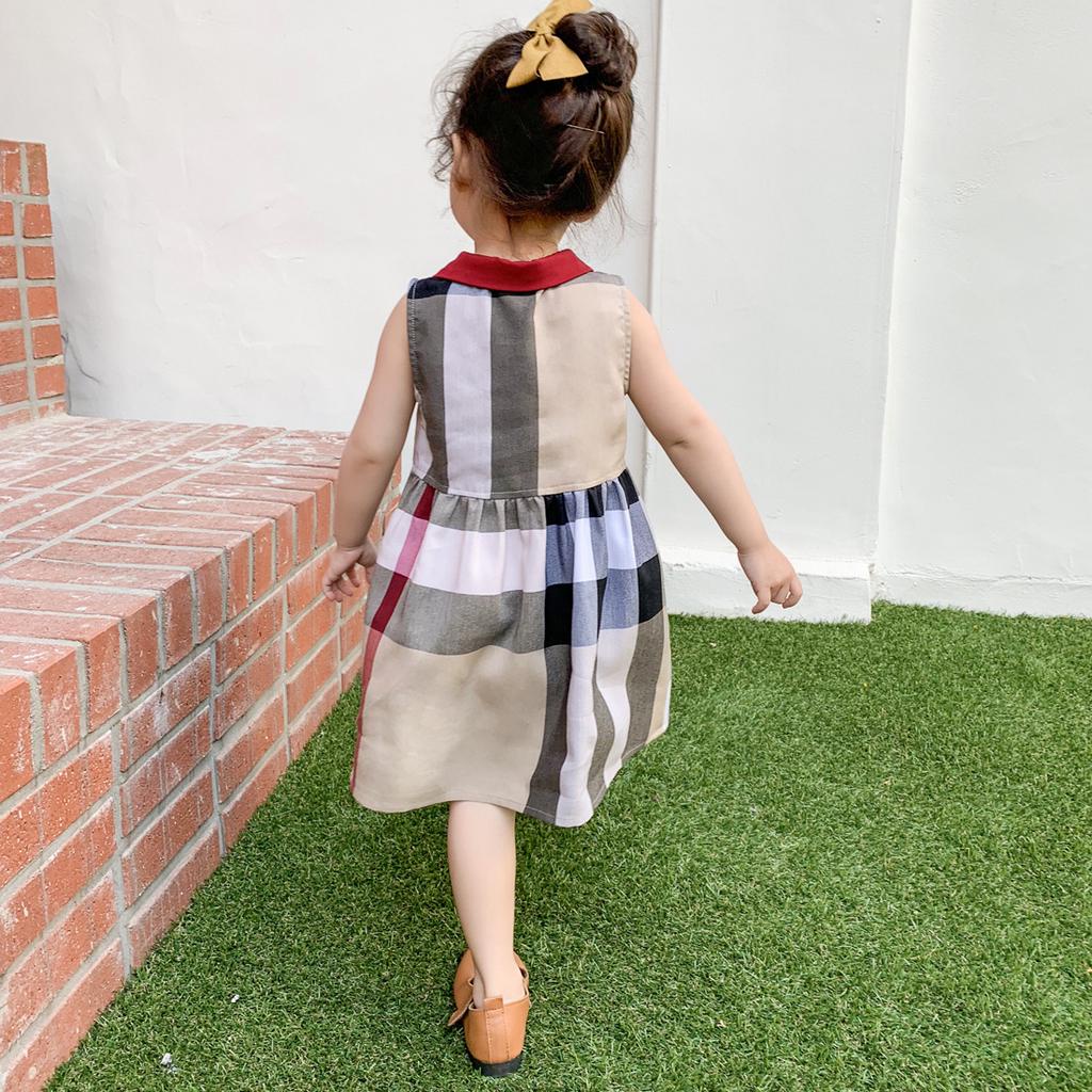 Đầm Không Tay Họa Tiết Sọc Caro Phong Cách Hàn Quốc Cho Bé Gái