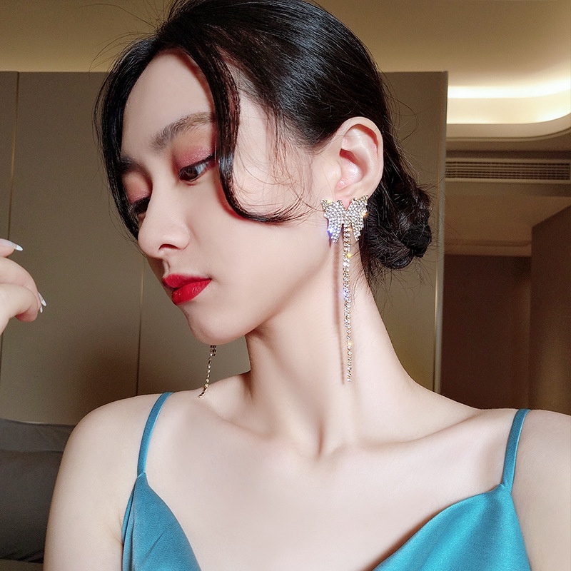 Bông Tai Dáng Dài Phối Tua Rua Hình Bướm Đính Đá Phong Cách Hàn Quốc Sang Trọng Thời Trang
