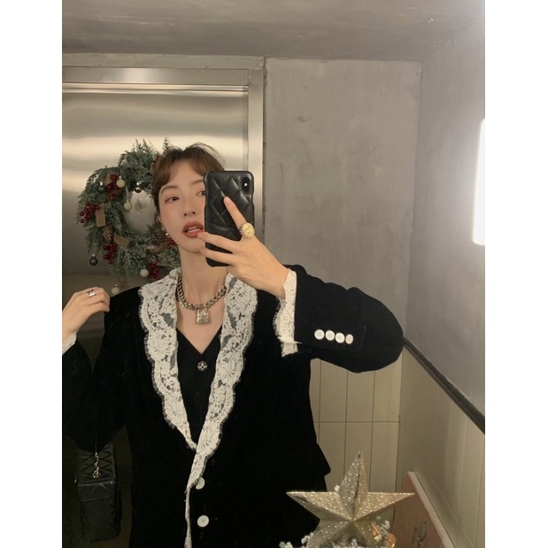 Áo khoác nhung cổ vest vải ren thương hiệu thời trang cao cấp Eenk