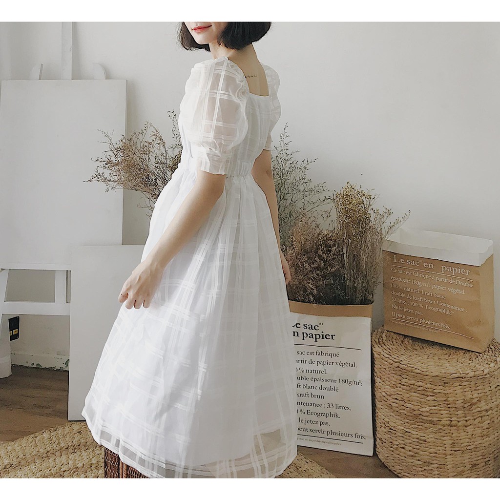 Đầm tay phồng kẻ sọc midi