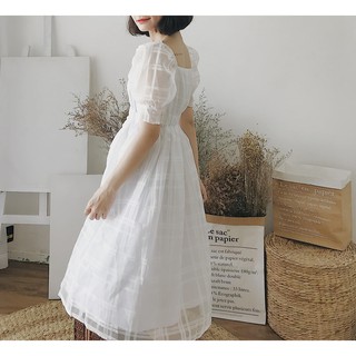 Đầm tay phồng kẻ sọc midi
