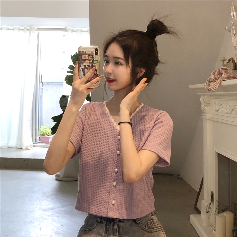 Áo cardigan ZHELIHANGFEI dệt kim tay ngắn cổ chữ V phối ren thời trang xinh xắn cho nữ