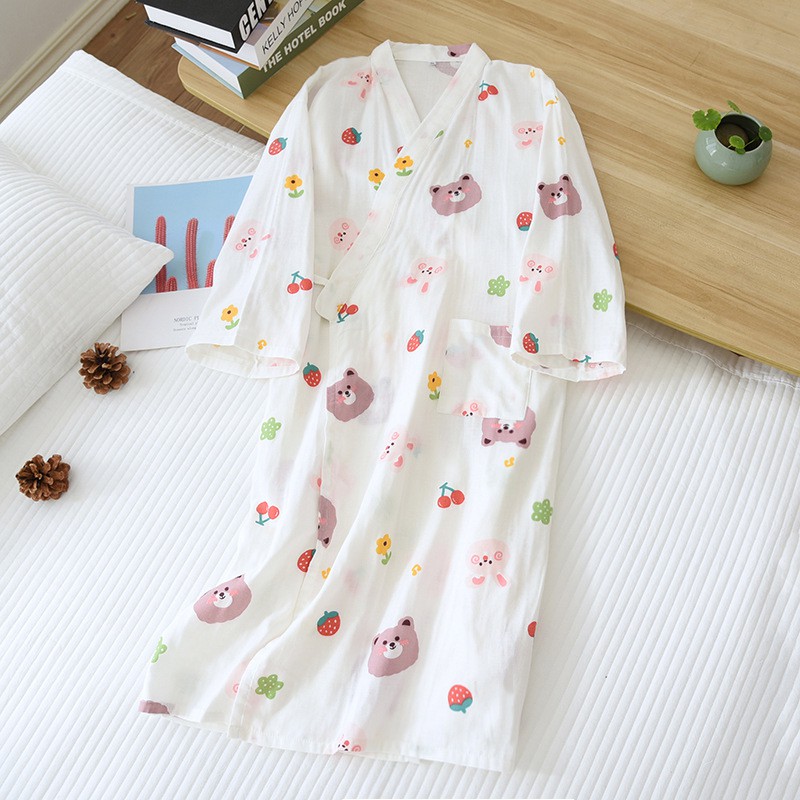 Kimono Nhật Vải Xô  Áo Choàng Ngủ Mặc Nhà Dễ Thương IVY215