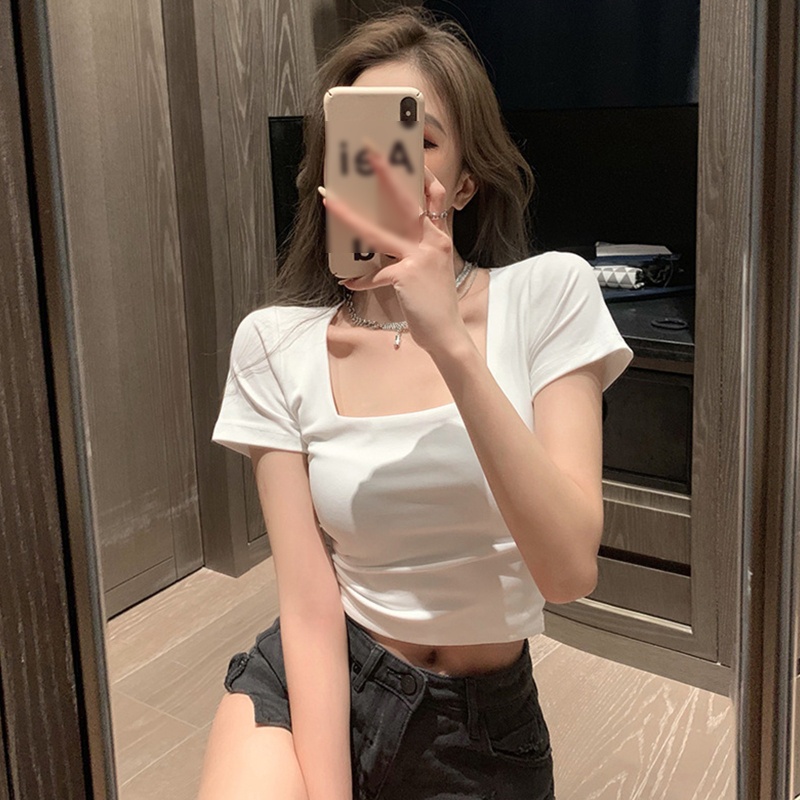 Áo Thun Ngắn Tay Cổ Tròn Màu Sắc Đơn Giản Thời Trang Mùa Hè Quyến Rũ Dành Cho Nữ