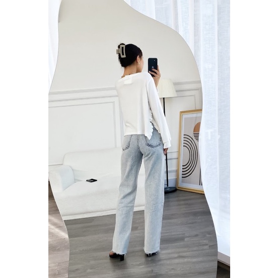 Quần jean nữ cạp cao ống suông chất đẹp lai xé tự nhiên thời trang GAGO GO3777