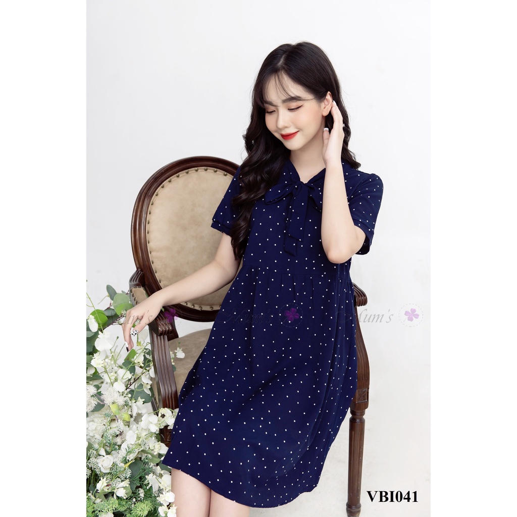 ĐẦM BẦU CÔNG SỞ MUM'S SHOP  FREESHIP  Váy bầu xinh mùa hè voan bi tím than cổ buộc nơ