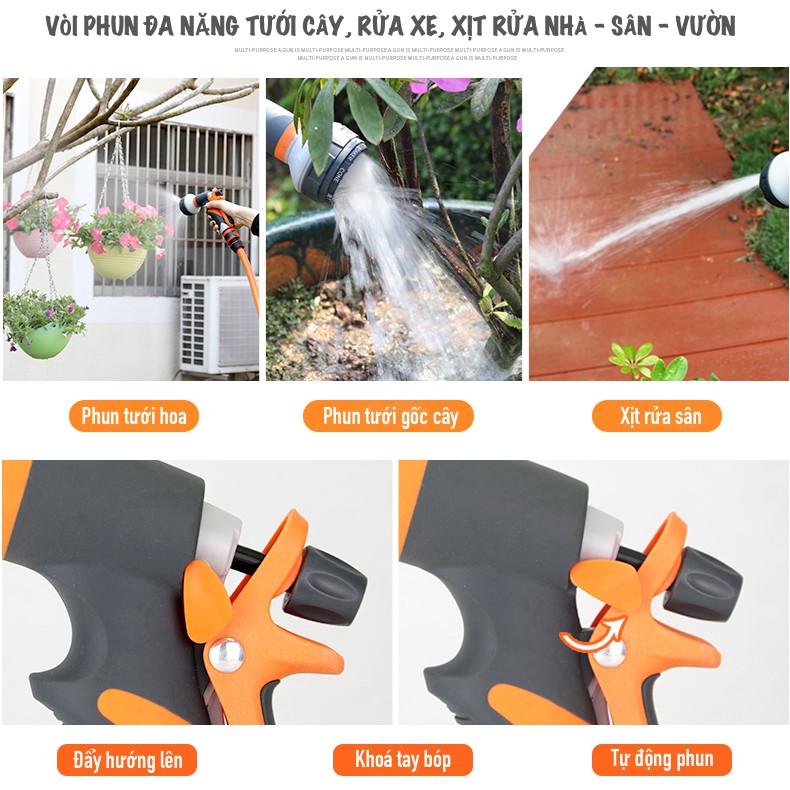 Bộ vòi tưới cây, rửa xe đa năng Raco SH-RC 3 - 20 mét. Ống nước kết cấu 3 lớp chống gập, chống xoắn, vòi 8 kiểu phun