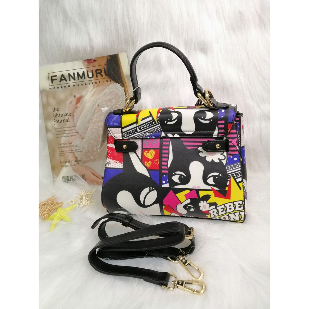 Túi xách nữ hình thang có hoa văn in hình RebeccaBonbon chú cún Nhật Bản