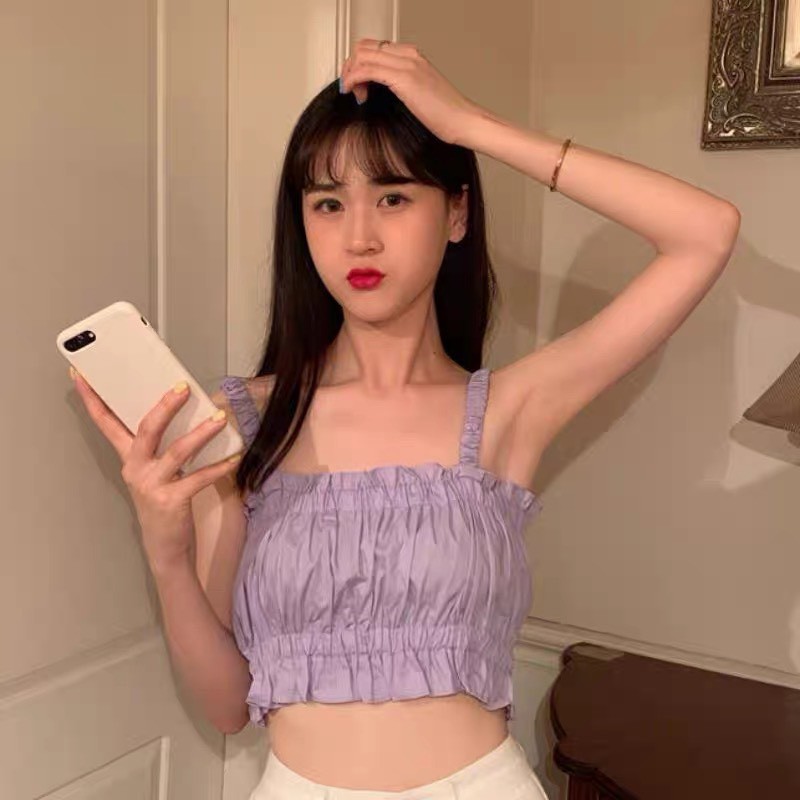 Áo Croptop 2 Dây SuzaHouse N07 Đũi 🦋 Áo Dây Thun Nữ Viền Bèo 2 Màu trắng tím siêu hot phong cách Hàn Quốc