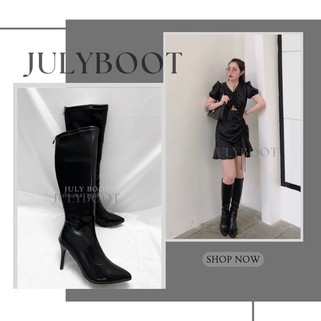 (SẴN) Boots Da Bóng Mềm Cổ Cao Dưới Gối Gót Nhọn 9 Phân Có Hình Thật Hàng Loại Đẹp