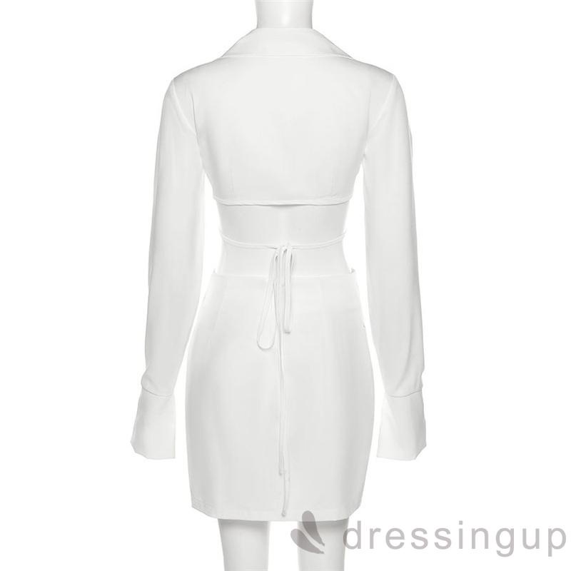 Set áo tay dài màu trơn thắt dây + chân váy ngắn xẻ tà thời trang quyến rũ cho nữ