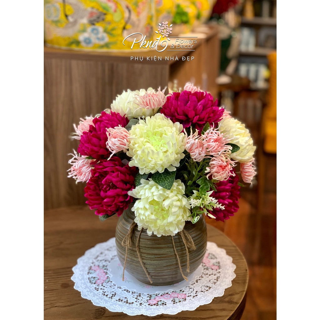 [Mã BMLT300 giảm 10% đơn 499K] Bình hoa giả cúc mẫu đơn để bàn đẹp PKND FLOWERS &amp; DECOR