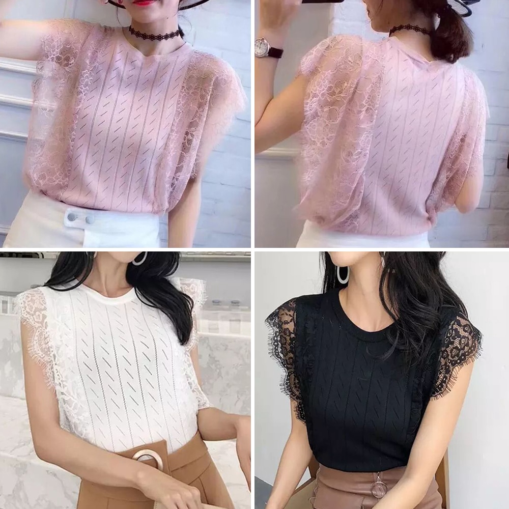 Áo Thun Dệt Kim Sát Nách Phối Ren Lưới Màu Trơn Thời Trang Cho Nữ