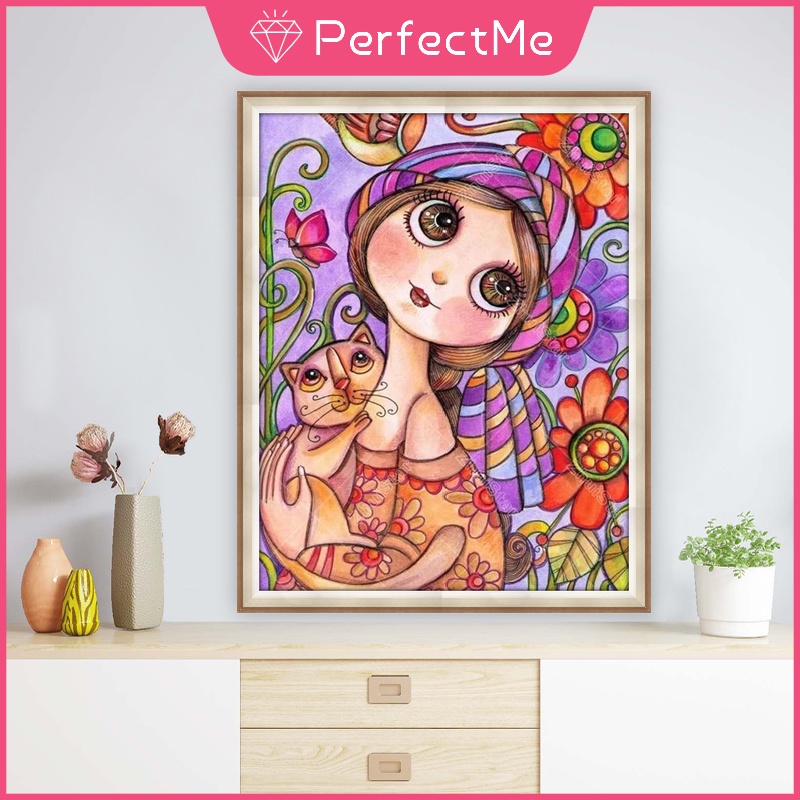 Bộ tranh đính đá 5D tự làm 30 X 40cm hình cô gái và mèo hoạt hình