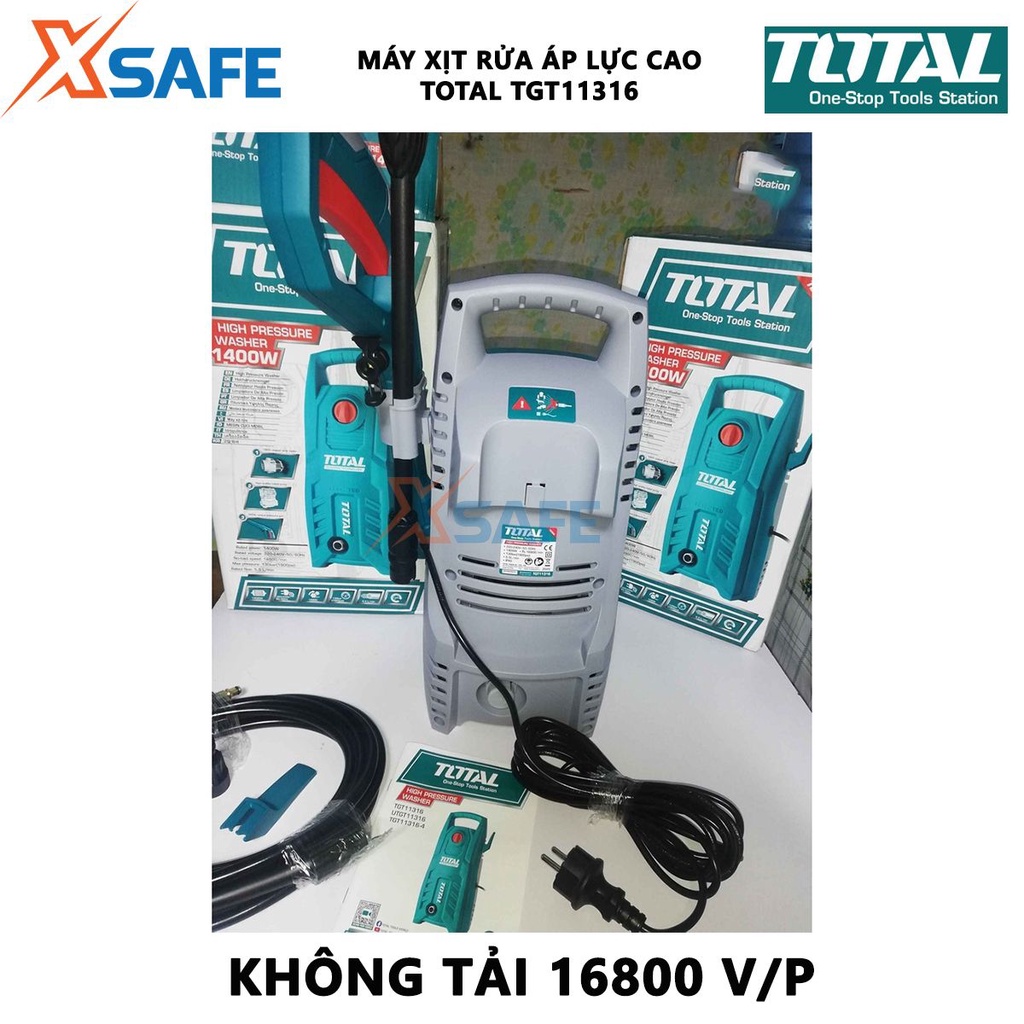 Máy xịt rửa TOTAL TGT11316 áp lực cao, công suất 1300W, gồm bình chứa, vòi phun, bánh xe, tay kéo - chính hãng