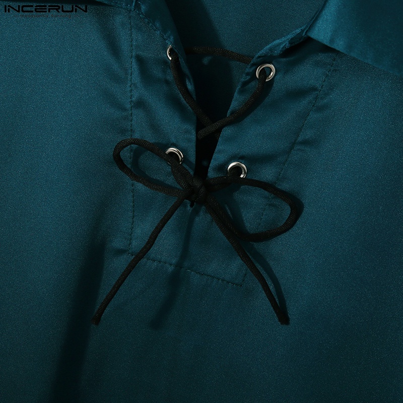 Áo INCERUN vải lụa tay ngắn dáng rộng phối dây cột cỡ S-5XL sành điệu cho nam