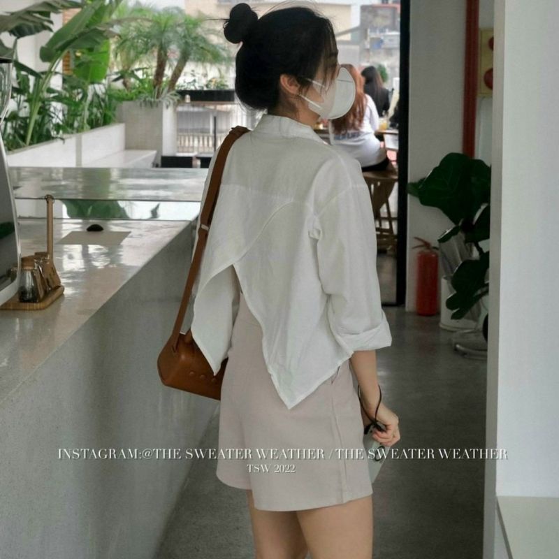Áo sơ mi kiểu nữ dáng ngắn xẻ sau hàn quốc