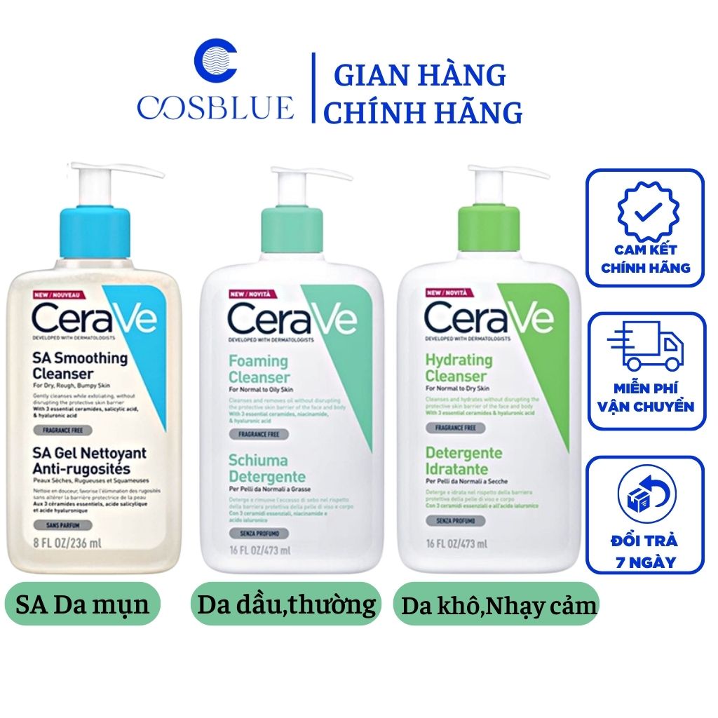 Sữa Rửa Mặt Cerave Foaming Cleanser, CeraVe Hydrating Cleanser, SA Cleanser cho mọi loại da