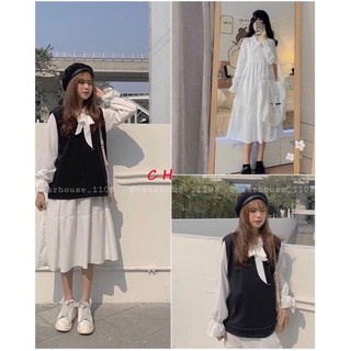 set váy dài trắng nơ cổ + ghi lê đen CH80, váy trắng xoè dài tay