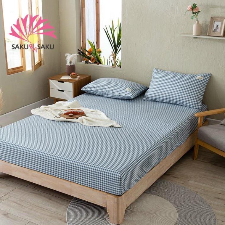 HÀNG NHẬP- Bộ Ga Gối TC 3 Món Kẻ Caro Xanh Sky Sọc Trắng Đẹp Mê Ly - BST Chăn Ga Gối Đũi TC