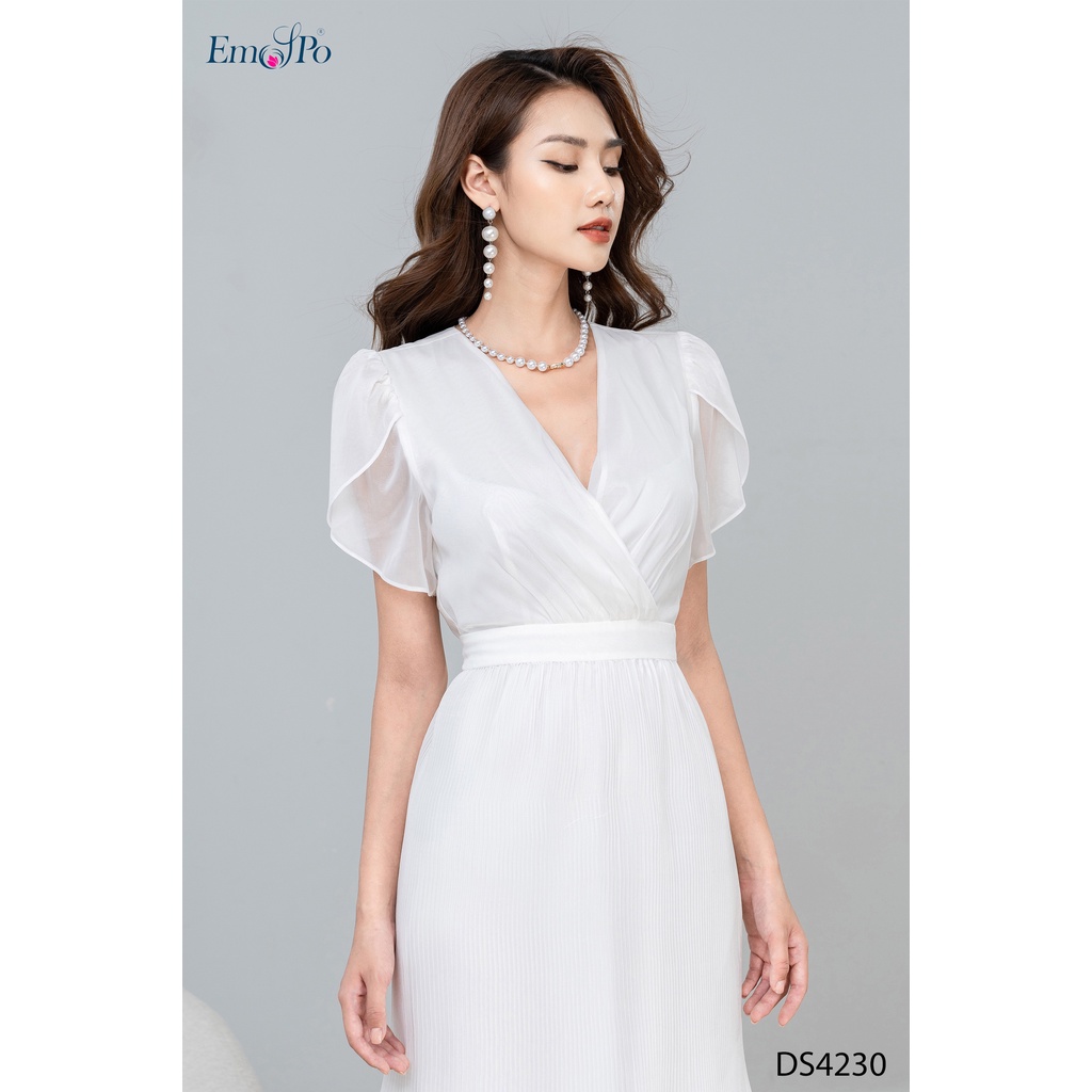 Đầm xòe Emspo cổ đắp chéo, chân váy xếp ly DS4230