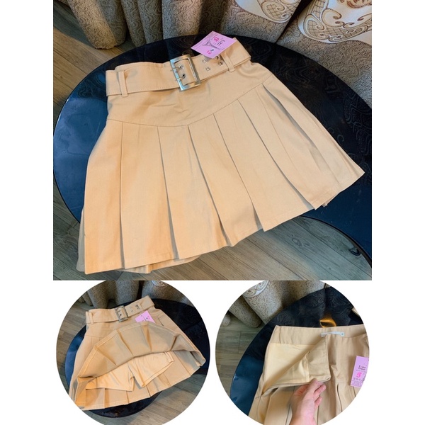 Chân Váy Xếp Ly Lưng Cao Kèm Thắt Lưng 4 Màu Chất Kaki Thô