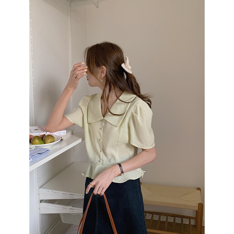 SUXI Áo Sơ Mi Tay Phồng Ngắn Cổ Búp Bê Phối Bèo Kiểu Pháp Dễ Thương