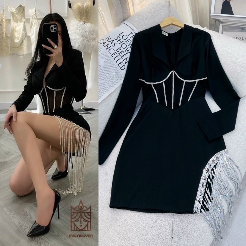 Đầm đen cổ vest tay dài viền eo phối tua rua, váy ngắn sang trọng quyến rũ, thời trang TK hotgirl đi chơi/bar dự tiệc