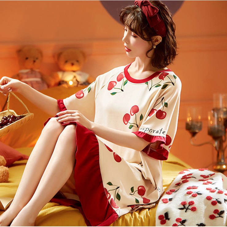 Váy ngủ dài nữ mùa hè chất liệu cotton cao cấp dễ thương tay ngắn mùa xuân và mùa thu mẫu 01