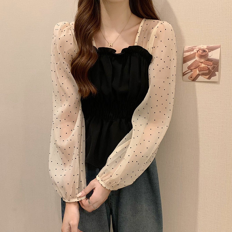 Áo Kiểu Dài Tay Cổ Vuông Họa Tiết Chấm Bi Thiết Kế Mới Thời Trang Mùa Thu Dành Cho Nữ
